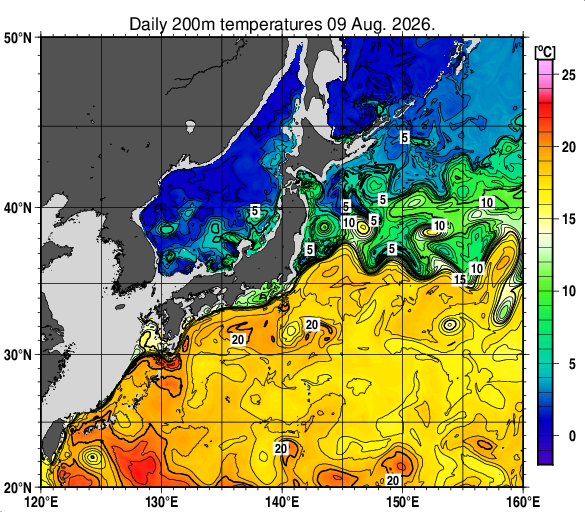 日本近海の深さ200mの水温分布図（8月9日）