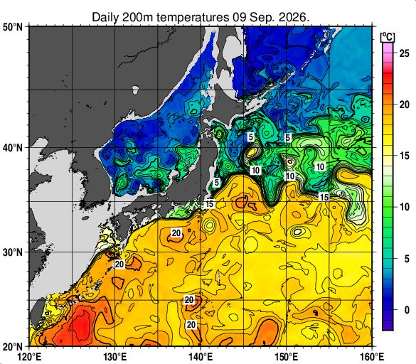 日本近海の深さ200mの水温分布図（9月9日）