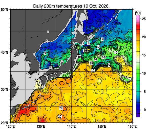 日本近海の深さ200mの水温分布図（10月19日）