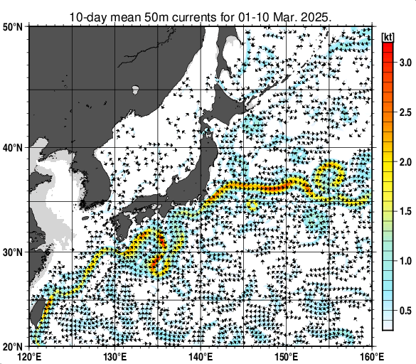 日本近海の深さ50mの旬平均海流分布図（2025年3月上旬）