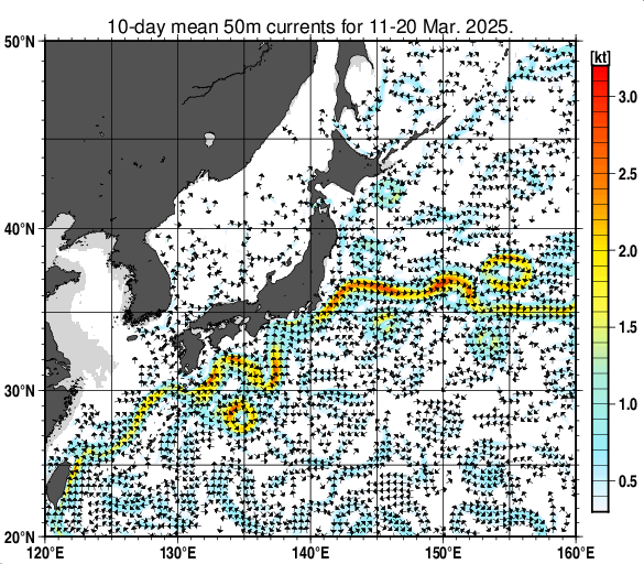 日本近海の深さ50mの旬平均海流分布図（2025年3月中旬）