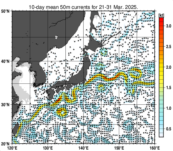 日本近海の深さ50mの旬平均海流分布図（2025年3月下旬）