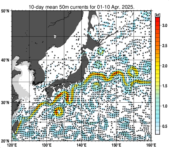 日本近海の深さ50mの旬平均海流分布図（2025年4月上旬）