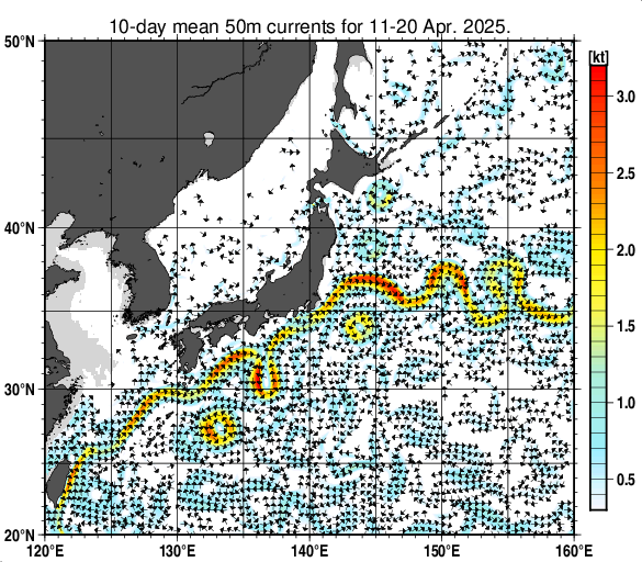 日本近海の深さ50mの旬平均海流分布図（2025年4月中旬）