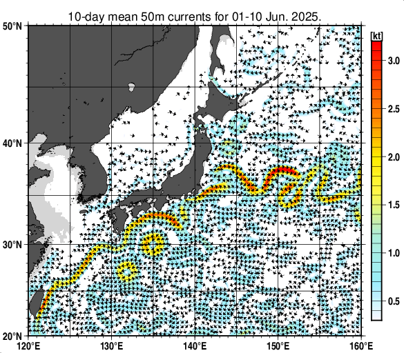 日本近海の深さ50mの旬平均海流分布図（2025年6月上旬）