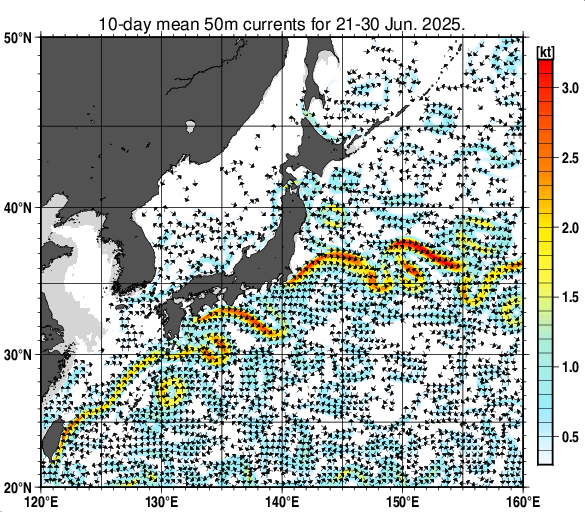 日本近海の深さ50mの旬平均海流分布図（2025年6月下旬）
