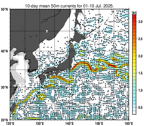 日本近海の深さ50mの旬平均海流分布図（2025年7月上旬）
