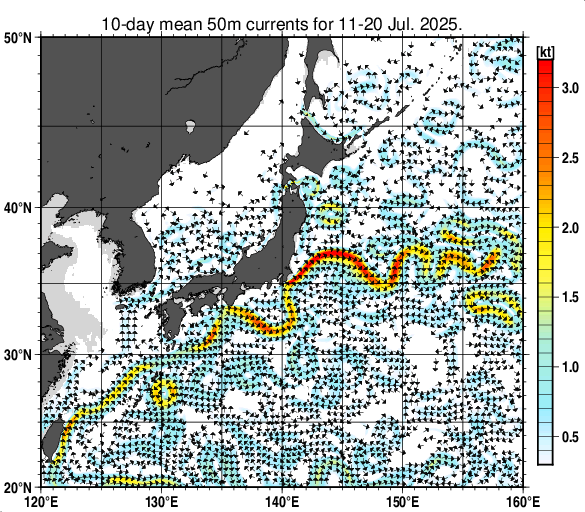 日本近海の深さ50mの旬平均海流分布図（2025年7月中旬）