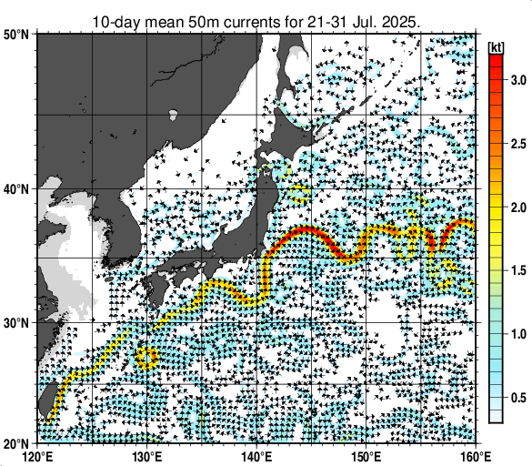日本近海の深さ50mの旬平均海流分布図（2025年7月下旬）