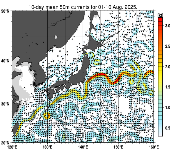 日本近海の深さ50mの旬平均海流分布図（2025年8月上旬）