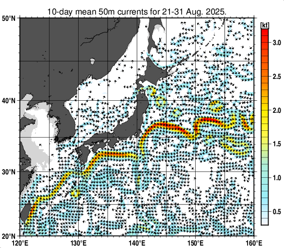 日本近海の深さ50mの旬平均海流分布図（2025年8月下旬）