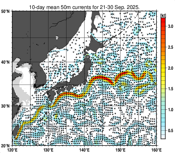 日本近海の深さ50mの旬平均海流分布図（2025年9月下旬）