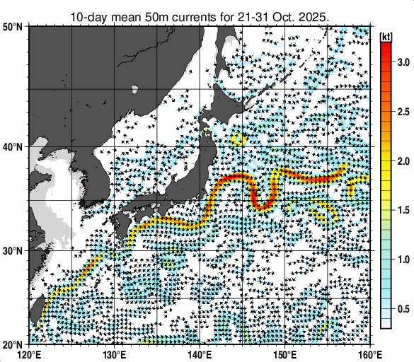 日本近海の深さ50mの旬平均海流分布図（2025年10月下旬）