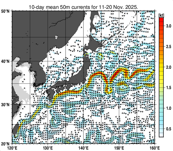 日本近海の深さ50mの旬平均海流分布図（2025年11月中旬）