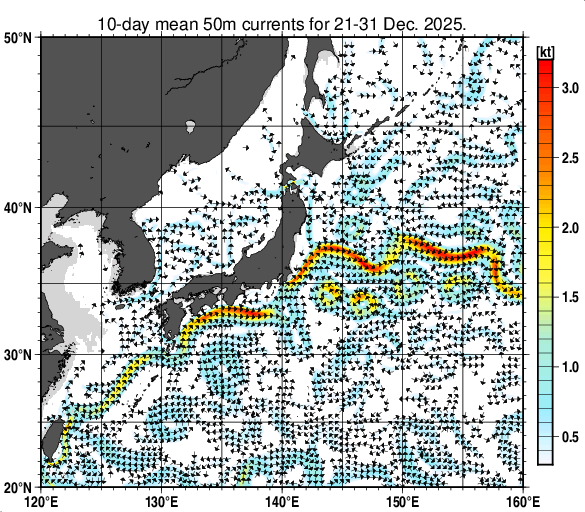 日本近海の深さ50mの旬平均海流分布図（2025年12月下旬）