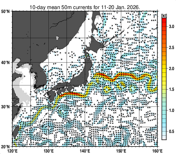 日本近海の深さ50mの旬平均海流分布図（2026年1月中旬）