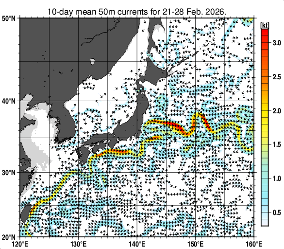 日本近海の深さ50mの旬平均海流分布図（2026年2月下旬）
