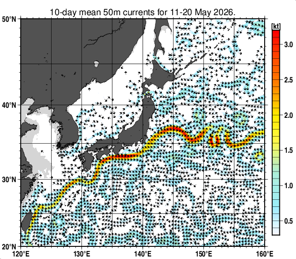 日本近海の深さ50mの旬平均海流分布図（2026年5月中旬）