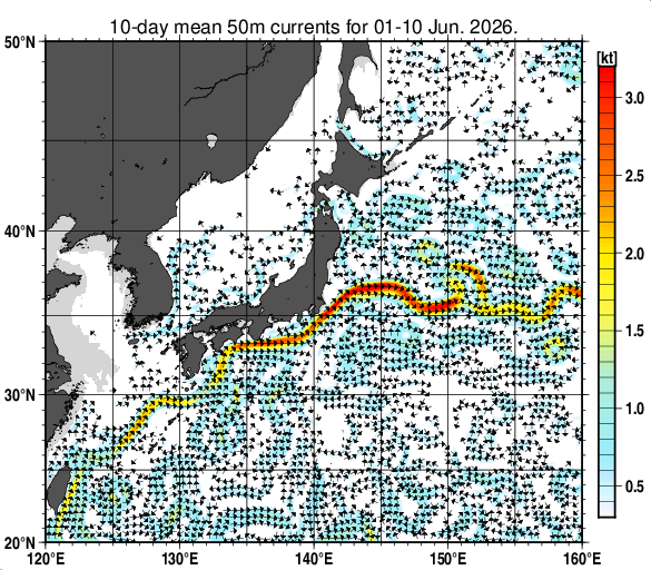 日本近海の深さ50mの旬平均海流分布図（2026年6月上旬）