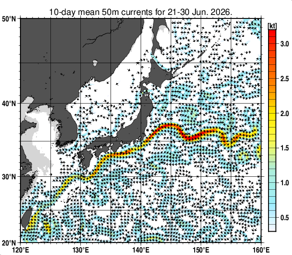 日本近海の深さ50mの旬平均海流分布図（2026年6月下旬）