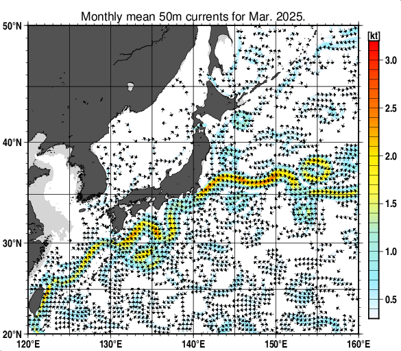 日本近海の深さ50mの月平均海流分布図（2025年3月）