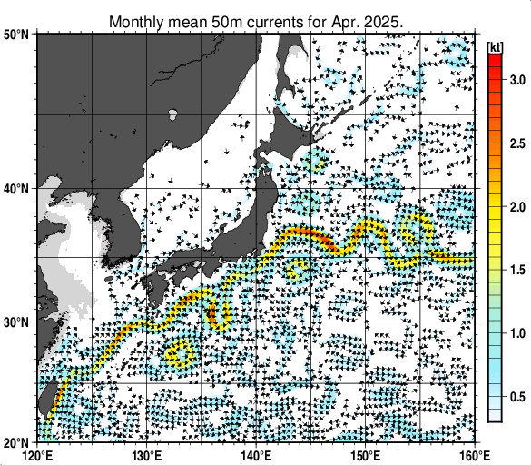 日本近海の深さ50mの月平均海流分布図（2025年4月）