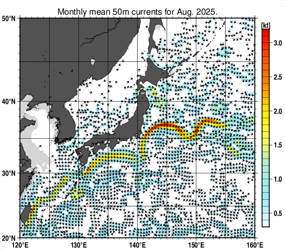 日本近海の深さ50mの月平均海流分布図（2025年8月）