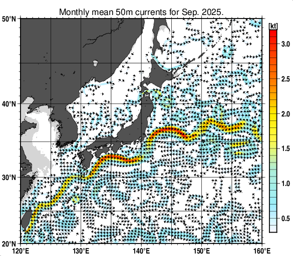 日本近海の深さ50mの月平均海流分布図（2025年9月）