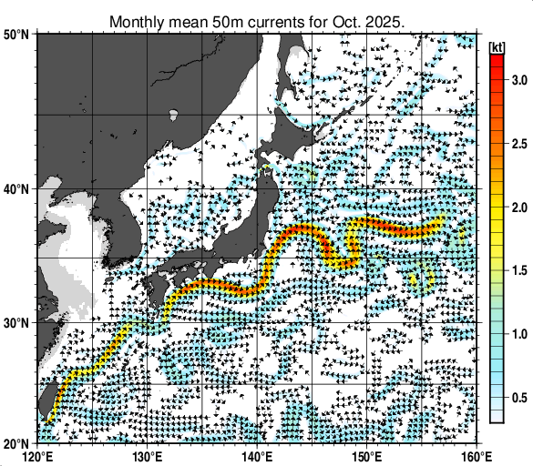 日本近海の深さ50mの月平均海流分布図（2025年10月）