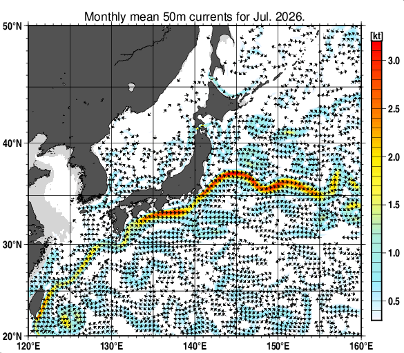 日本近海の深さ50mの月平均海流分布図（2026年7月）