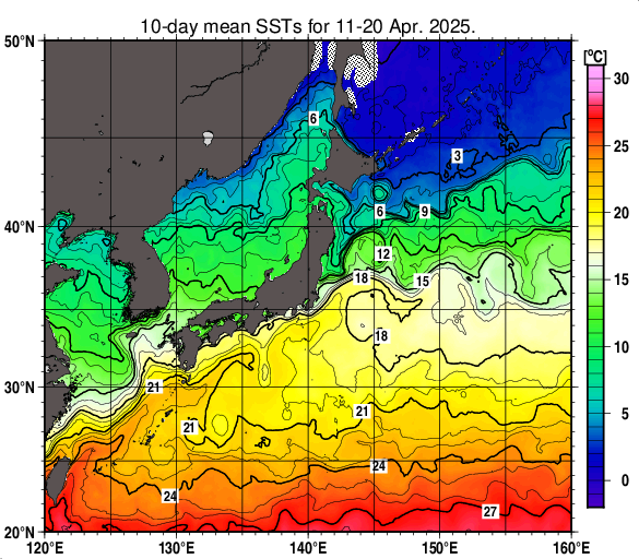 日本近海の旬平均海面水温分布図（2025年4月中旬）
