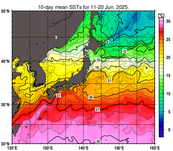 日本近海の旬平均海面水温分布図（2025年6月中旬）