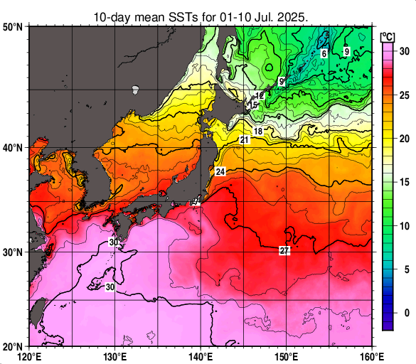 日本近海の旬平均海面水温分布図（2025年7月上旬）