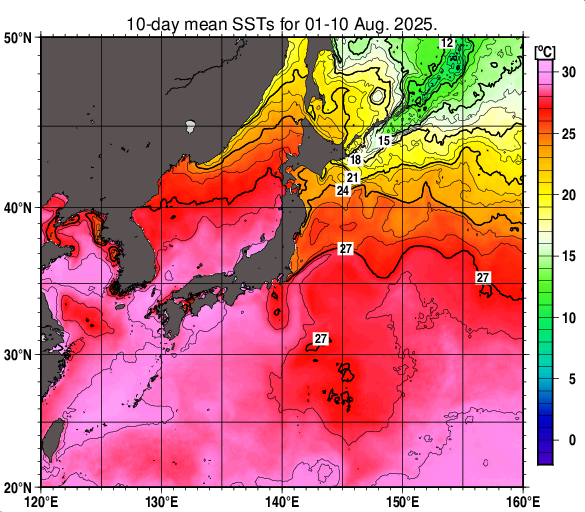 日本近海の旬平均海面水温分布図（2025年8月上旬）