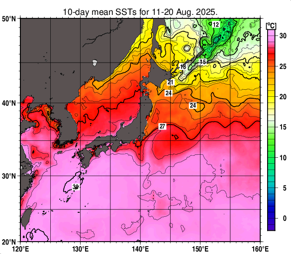 日本近海の旬平均海面水温分布図（2025年8月中旬）