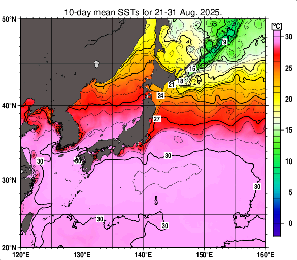 日本近海の旬平均海面水温分布図（2025年8月下旬）