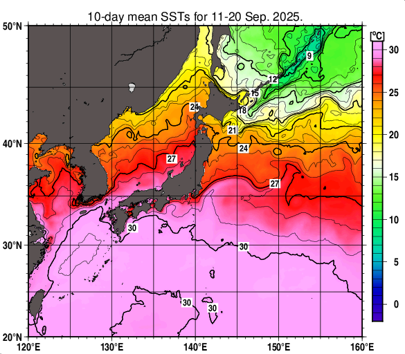 日本近海の旬平均海面水温分布図（2025年9月中旬）