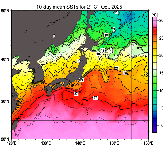 日本近海の旬平均海面水温分布図（2025年10月下旬）