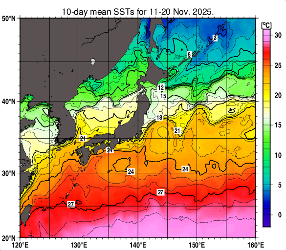 日本近海の旬平均海面水温分布図（2025年11月中旬）