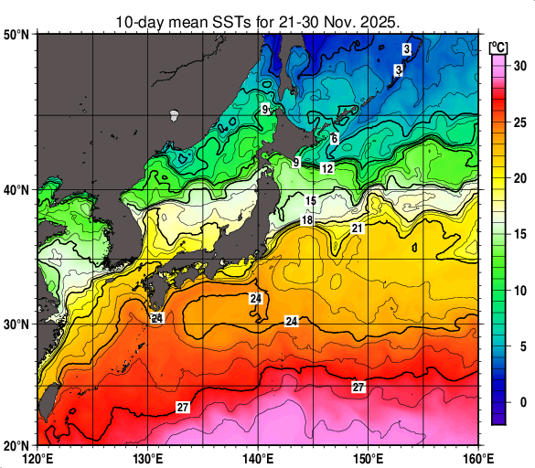日本近海の旬平均海面水温分布図（2025年11月下旬）