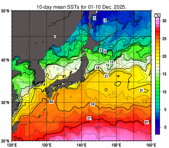 日本近海の旬平均海面水温分布図（2025年12月上旬）