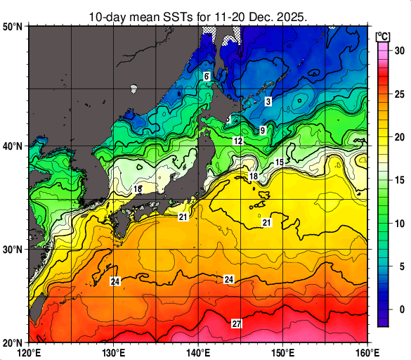 日本近海の旬平均海面水温分布図（2025年12月中旬）