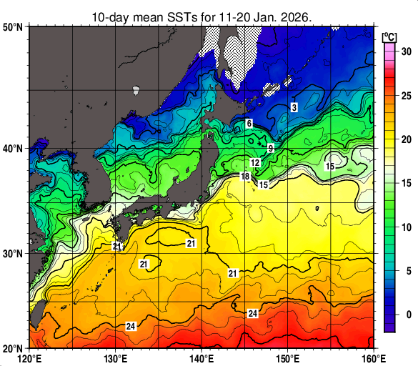 日本近海の旬平均海面水温分布図（2026年1月中旬）