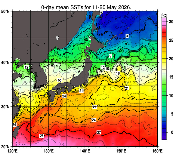 日本近海の旬平均海面水温分布図（2026年5月中旬）