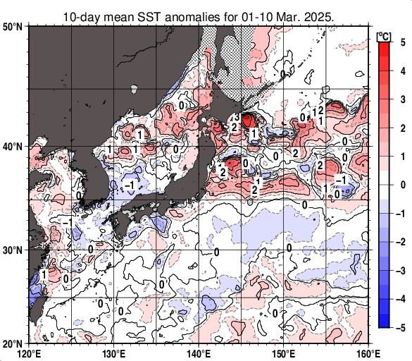 日本近海の旬平均海面水温平年差分布図（2025年3月上旬）