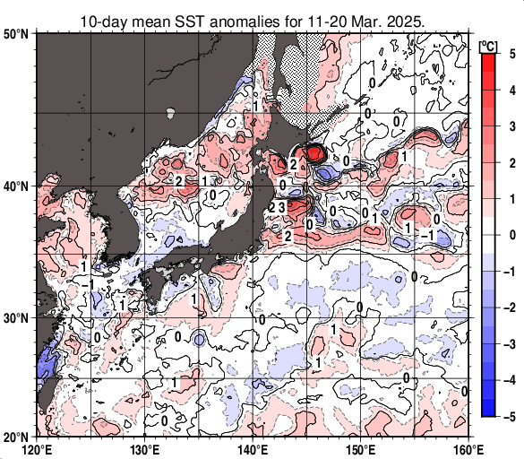 日本近海の旬平均海面水温平年差分布図（2025年3月中旬）