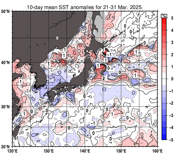 日本近海の旬平均海面水温平年差分布図（2025年3月下旬）