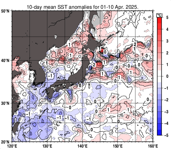 日本近海の旬平均海面水温平年差分布図（2025年4月上旬）