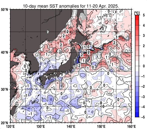 日本近海の旬平均海面水温平年差分布図（2025年4月中旬）