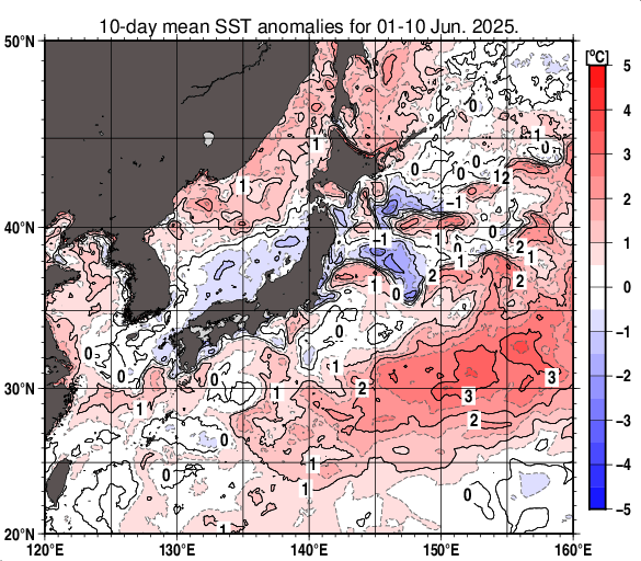日本近海の旬平均海面水温平年差分布図（2025年6月上旬）